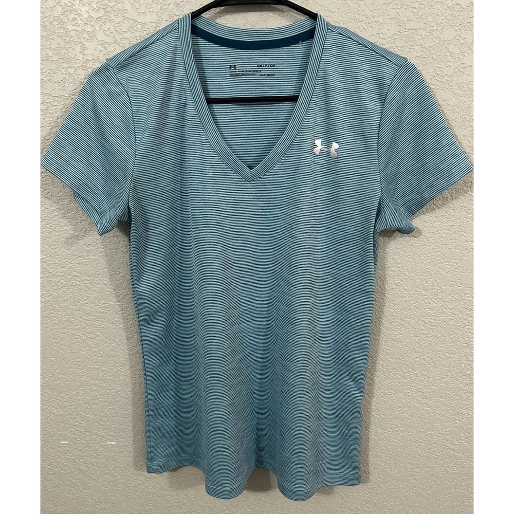 Under Armour Women's HeatGear Cap Sleeve V-neck Turquoise Striped Size Small